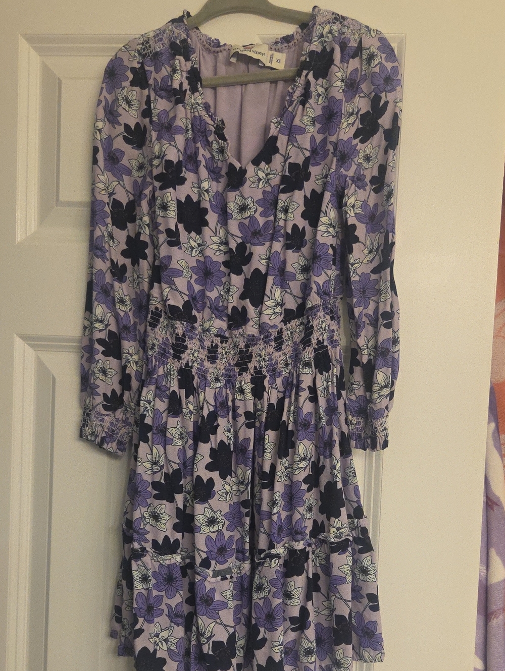 Vineyard Vines Lavender & Black Floral Smocked-Waist Dress